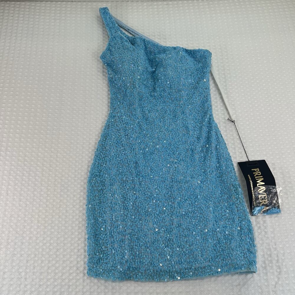 Primavera 3573 Powder Blue Sequin One Shoulder Mini Dress Size 4 NWT